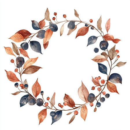 Watercolor autumn wreath with berries and leaves. Hand painted illustration.の素材