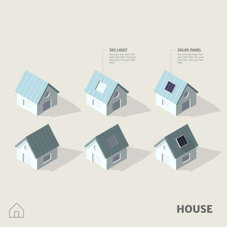Houses in isometric view with shadow, including roof skylight and rooftop solar panels including with symbol.のイラスト素材
