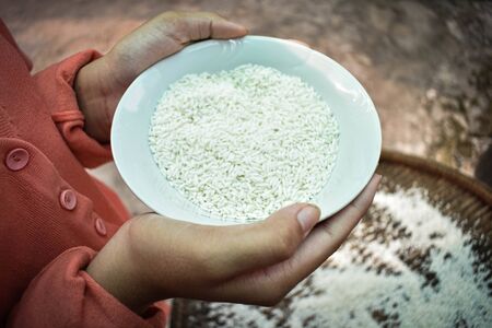 Close up Thai women holding jasmine rice in their hands. Health food products.の写真素材