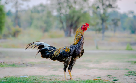Beautiful Rooster is standing on the grass in blurred nature green background.の写真素材