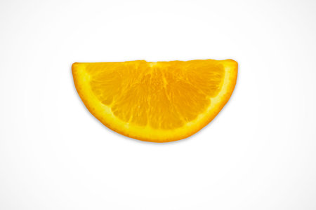 Orange fruit slice isolated on white background closeup. Food background. Flat lay, top view.