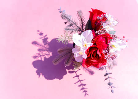 Rose placed on the desk in pink background.の写真素材