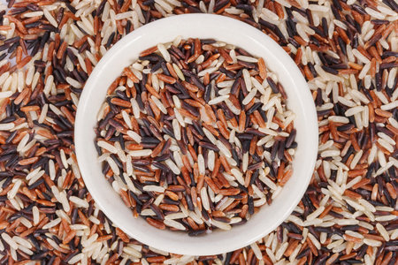 close up of Thai rice berry in bowl,Thai black jasmine rice.の写真素材