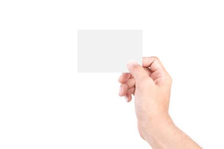 Male Caucasian hand gestures isolated over the white background. HAND Holding CARD.の写真素材