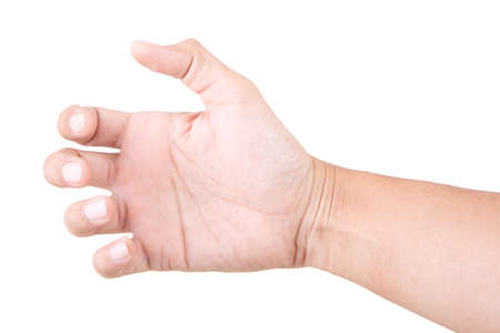 Male Caucasian hand gestures isolated over the white background. GRAB HAND.の写真素材