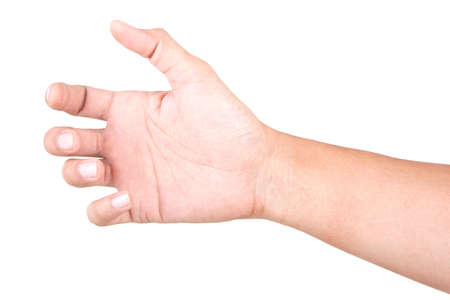 Male Caucasian hand gestures isolated over the white background. GRAB HAND.の写真素材
