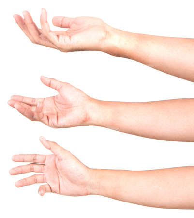 Multiple Male Caucasian hand gestures isolated over the white background, set of multiple images.の写真素材