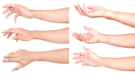 Multiple Male Caucasian hand gestures isolated over the white background, set of multiple images.の写真素材