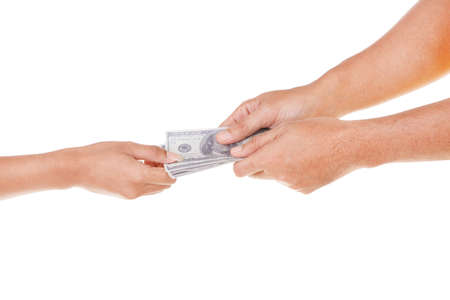 Hand holding US Dollar Banknote ISOLATED on White Background : Giveing Conceptの写真素材