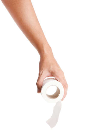 Asian Man Hand Holding Tissue Roll Isolated on Whiteの写真素材