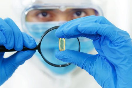 Close up on Drug, medicine, Pill of SARS-CoV-2 , Covid-19 Coronavirus on Eyes of Scientist Background.の写真素材