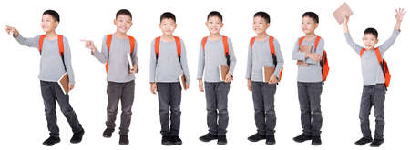 Group of Asian Boy School kid with backpack  Full Body isolated on White background.の写真素材