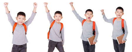 Group of Asian Boy School kid with backpack  Half Body isolated on White background.の写真素材