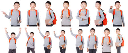 Group of Asian Boy School kid with backpack  Half Body isolated on White background.の写真素材
