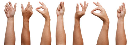 GROUP OF Man Asian hand gestures isolated over the white background. Small thing grab.の写真素材