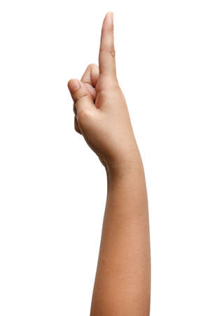 Boy Asian hand gestures isolated over the white background. Pointing Visual Touch Action.の写真素材