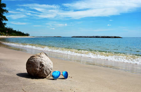 The Sun Glasses and Coconut on the Sea beach with Blue Sky backgroundの写真素材