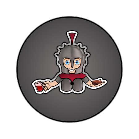 A Vector Logo/Design showing a little knight keeping a cake and a cup of tea in his hands instead of swordsのイラスト素材