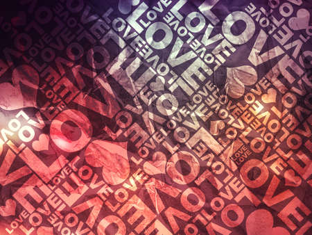 Typographic texture background with the word LOVE and some heartsの写真素材
