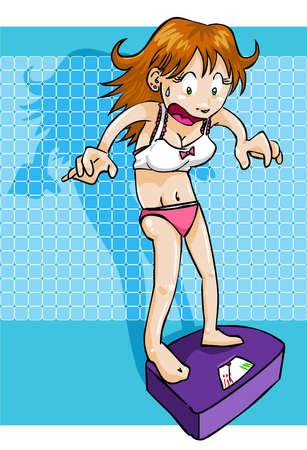 Girl on scale, frightened by her weightのイラスト素材