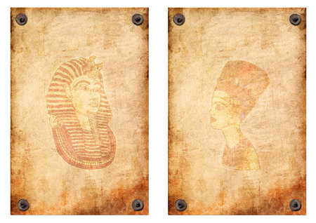 queen Nefertiti, Pharaoh. Old grunge antique paper texture pattern attached with nails on a white...