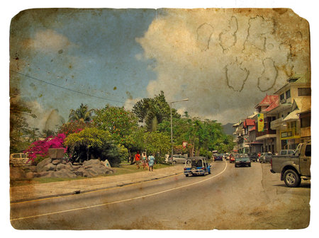 City landscape. The street of the capital of Victoria, Seychelles, design in grunge and retro styleのeditorial素材