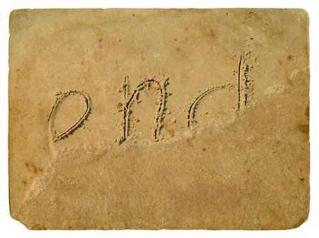The inscription end of the sand washed off the wave of the sea. Old postcard, design in grunge and retro styleの写真素材