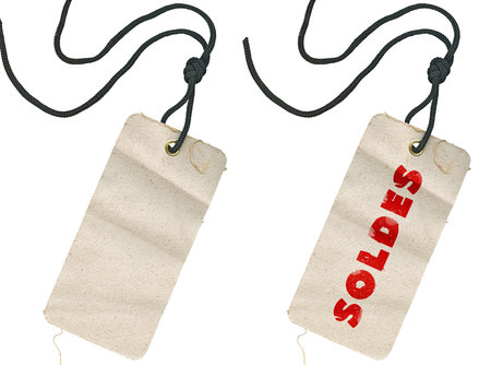 Two fabric tags, empty and with Soldes inscription against white background, no shadows.