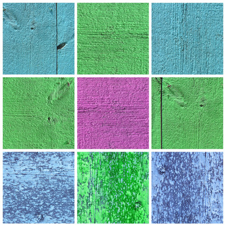 A collection of bright colored wood textures  Blue, green, purple background for designの写真素材