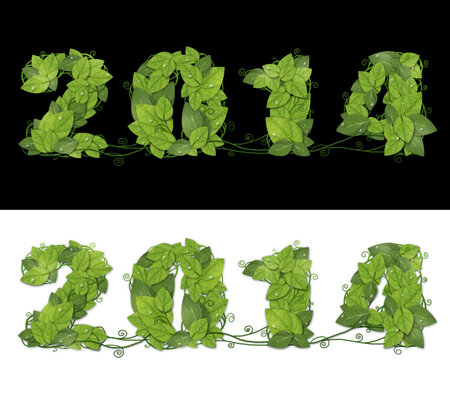 New year 2014. Date lined green leaves with drops of dew. Isolated on black and white background