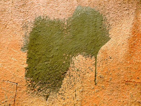 Spot of green paint on old wall, plaster cracked.の写真素材