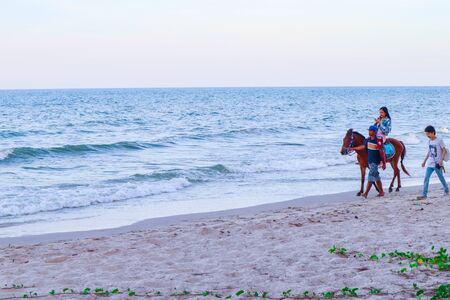 Beautiful woman on a horse. Horseback rider, woman riding horse, sea backgroundの写真素材