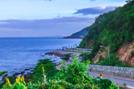 Beautiful Coastal Road with Mountain sea beach landscape in Chanthaburi Province, Thailand.