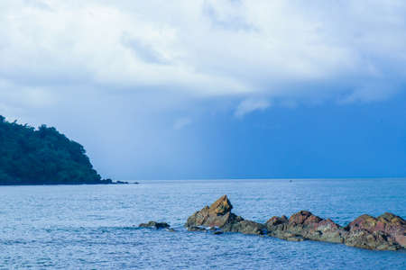 Beautiful nature rock mountains cliff and blue emerald water color lake river with blue clear skyの写真素材