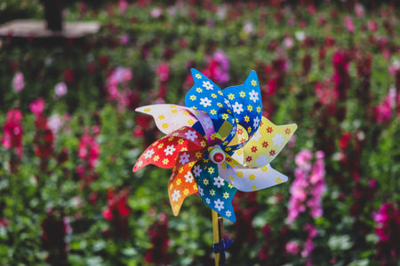 A windmill in a field of flowersの写真素材