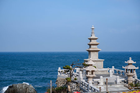 Pagodas in haedong yonggungsa temple in Busan, South Koreaの写真素材