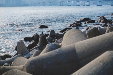 View of sea and bridge at Huinnyeoul Culture Village in Busan, Koreaの写真素材