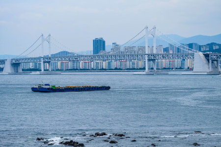 Gwangan Bridge and cityscape by the sea in Koreaの写真素材