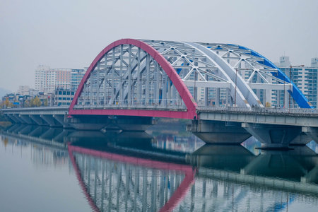 View of Soyang 2 Bridge over Soyang river at Chuncheon , South Koreaの写真素材