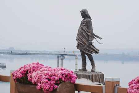 Soyanggang Maid statue , famous sightseeing spot around Uiamho lake in Chuncheon, South Koreaの写真素材