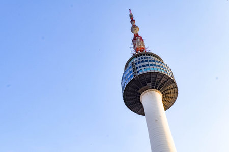 Beautiful view of N Tower or Seoul Tower on Namsan mountain during winter, Seoul, South Koreaの写真素材