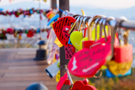 Close up colorful locks of love at N Seoul Tower. Place for couple,Seoul, South Koreaの写真素材