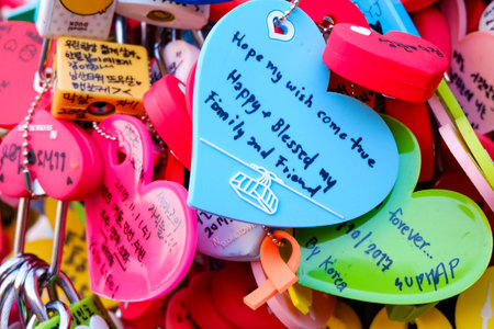 Close up colorful locks of love at N Seoul Tower. Place for couple,Seoul, South Koreaの写真素材