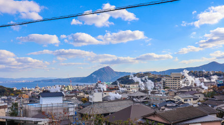 View of Beppu city and Bay-a small resort town in Oita Prefecture on the Japanese island of Kyushu.の写真素材