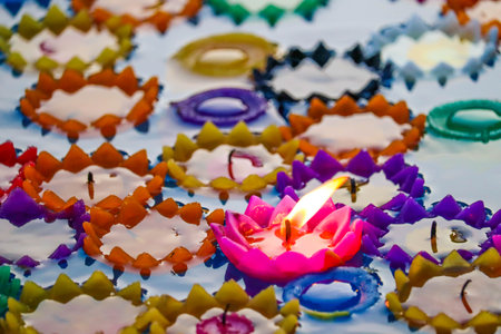 Floating lotus candle , The flame on the lotus flowerの写真素材