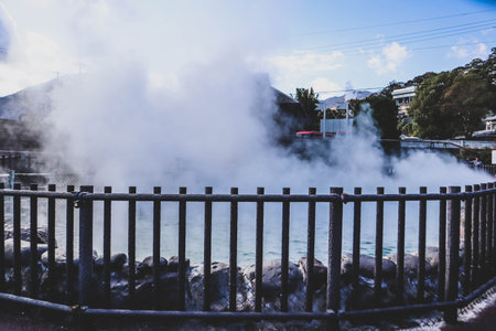 The hot springs at Oniyama Jigoku are famous natural hot springs in Beppu, Japanの写真素材