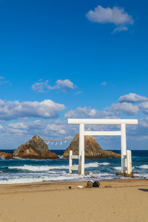 white torii gate facing the wedded rocks at the beachの写真素材
