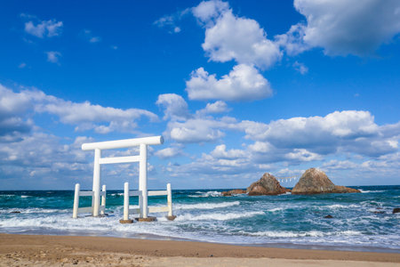 A serene coastal view featuring the iconic white torii gate in the sea, japan.の写真素材