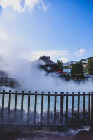 The hot springs at Oniyama Jigoku are famous natural hot springs in Beppu, Japanの写真素材