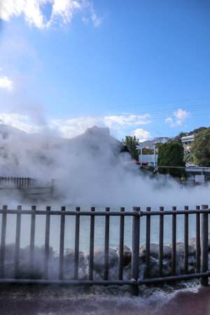 The hot springs at Oniyama Jigoku are famous natural hot springs in Beppu, Japanの写真素材
